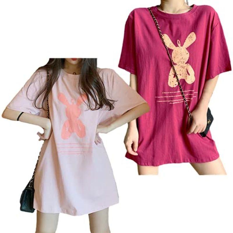 Junap Tシャツ レディース 2枚組 半袖 トップス かわいい プリント ゆったり ラウンドネック 春 夏 秋 ピンク レッド Xl 卸売り