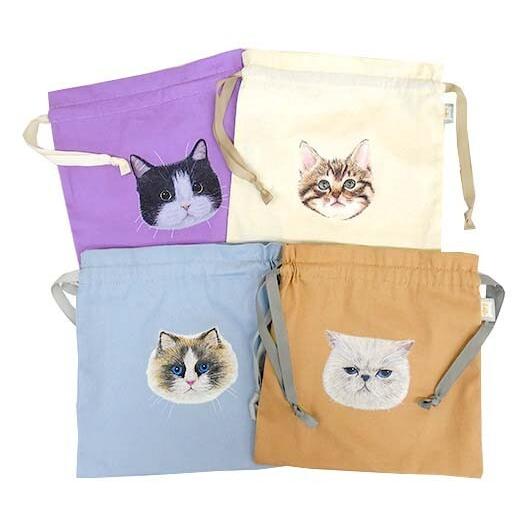 jou lier 猫ちゃん顔の巾着 ドローストリングバッグ ポーチ jou lier 猫ちゃん顔の巾着 ドローストリングバッグ ポーチ