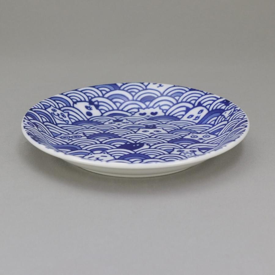 猫だらけ 青海波 プレート 3枚組 食器 波模様 和柄 平皿 猫柄 ブルー