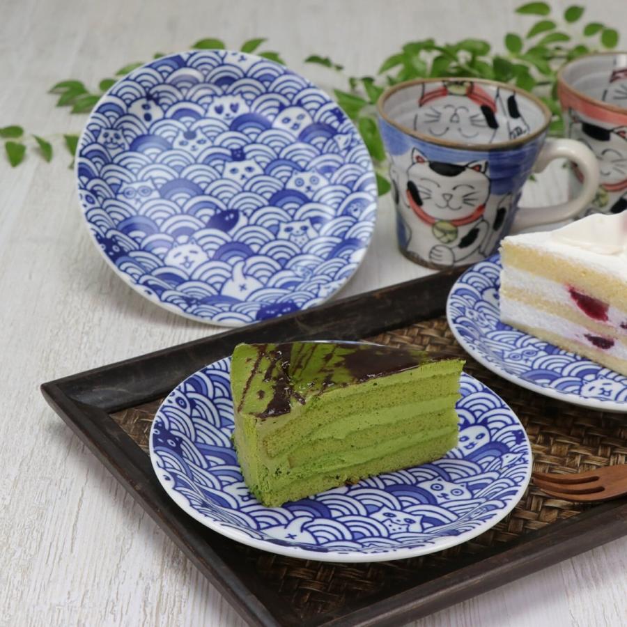 猫だらけ 青海波 プレート 3枚組 食器 波模様 和柄 平皿 猫柄 ブルー