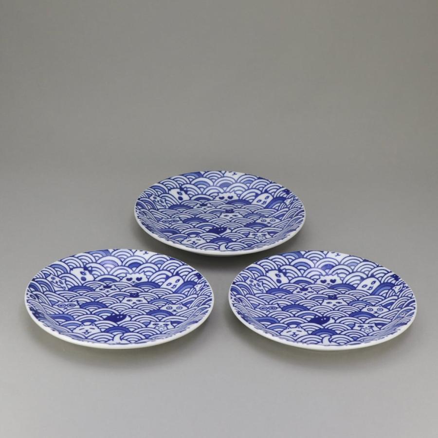 猫だらけ 青海波 プレート 3枚組 食器 波模様 和柄 平皿 猫柄 ブルー