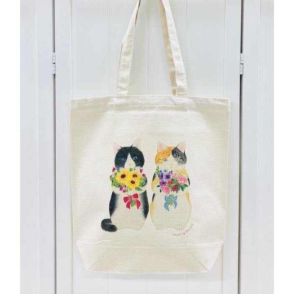 モンゴベス A4キャンバストートバックM 花束猫 ハチワレとミケ猫 A4サイズ カラフル サブバッグ おしゃれ プレゼント 猫雑貨 | ブランド登録なし