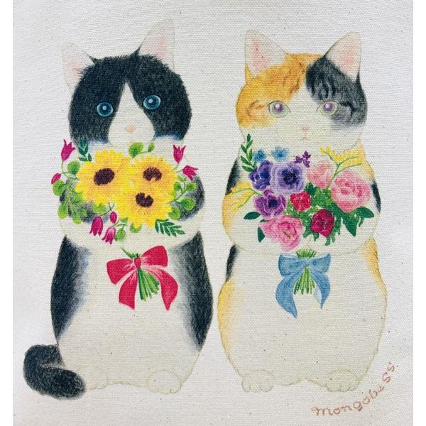 モンゴベス A4キャンバストートバックM 花束猫 ハチワレとミケ猫 A4サイズ カラフル サブバッグ おしゃれ プレゼント 猫雑貨 | ブランド登録なし | 01