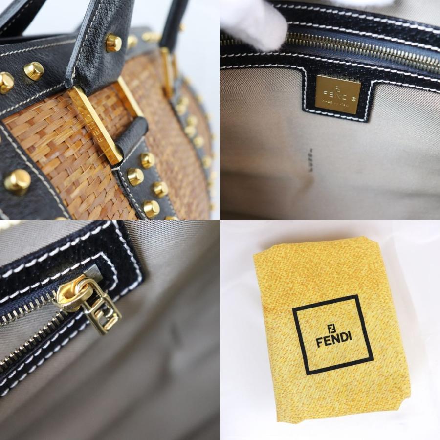 FENDI 美品 フェンディ スタッズ装飾 レザー切替 ストロー 