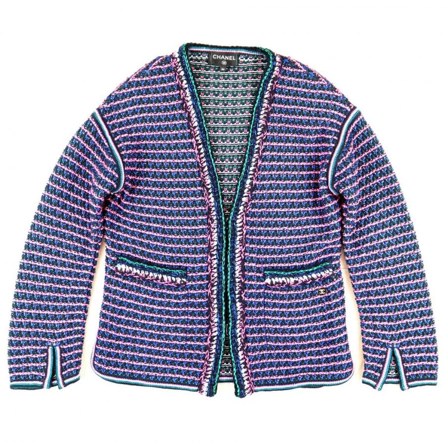 シャネル 17SS ノーカラーニットジャケット ネイビー ピンク 34 新品 