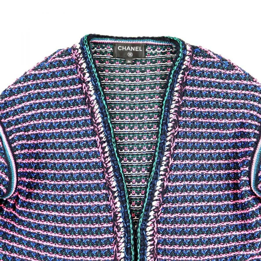 シャネル 17SS ノーカラーニットジャケット ネイビー ピンク 34 新品 