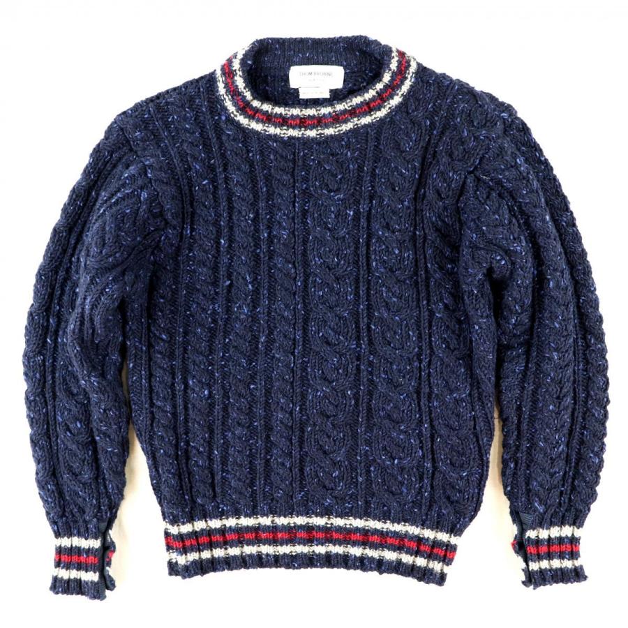 トムブラウン トリコロール ケーブルニットセーター メンズ ネイビー 00 ウール 編み込み 長袖 クルーネック Thom Browne C3 オパールヤフーショッピング店 通販 Yahoo ショッピング