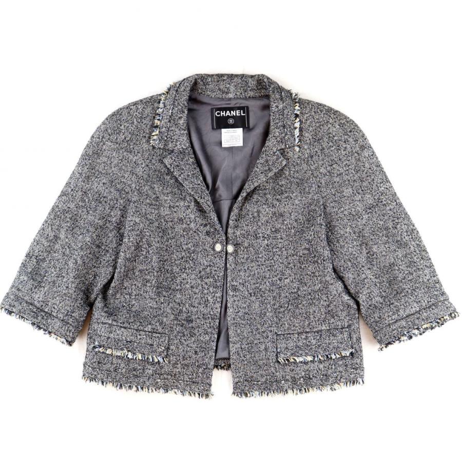 シャネル 05a ラメツイードジャケット フリンジ グレー系 44 レディース ココマークボタン アルパカ 美品 Chanel オパールヤフーショッピング店 通販 Yahoo ショッピング