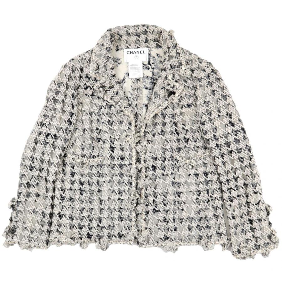 シャネル 05c レースツイードジャケット レディース グレー系 44 美品 ウール 千鳥格子 ココマーク Chanel E2 オパールヤフーショッピング店 通販 Yahoo ショッピング