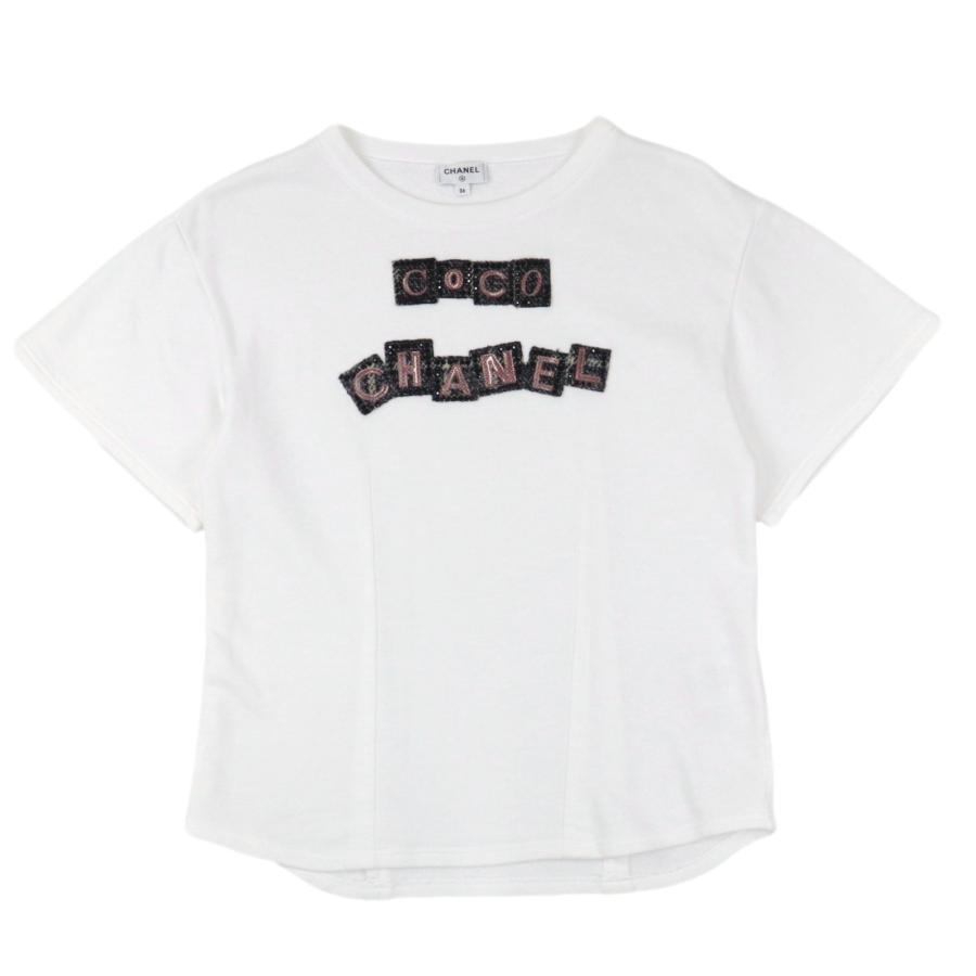 CHANEL 美品 シャネル P71 ロゴ ツイードパッチ 半袖Tシャツ 