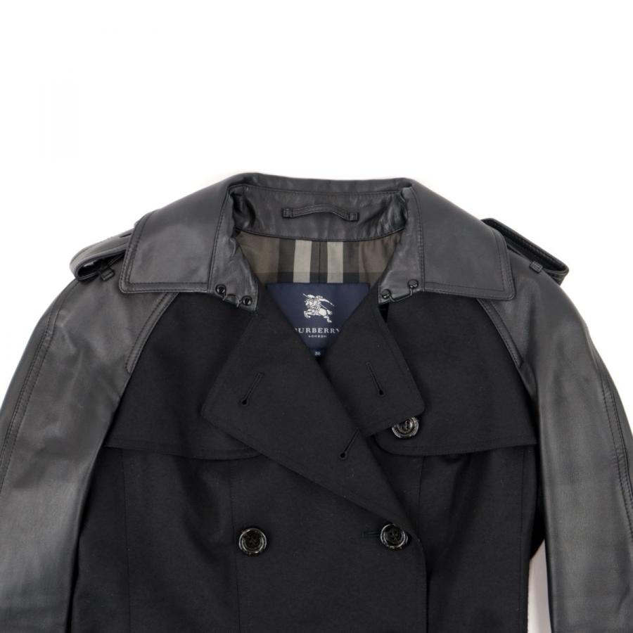 バーバリー ラムレザー切替 ギャバジントレンチコート レディース 黒