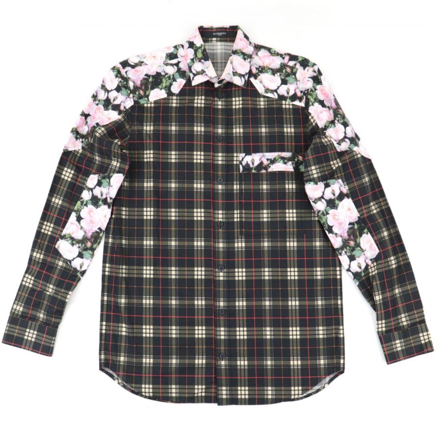 美品 ジバンシィ フラワープリント 切替チェックシャツ メンズ 38  