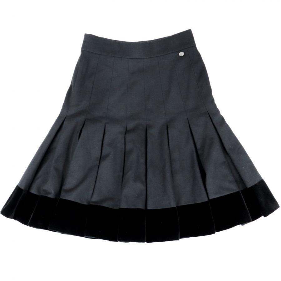 シャネル P49 ベロア切替 プリーツフレアスカート レディース 黒  