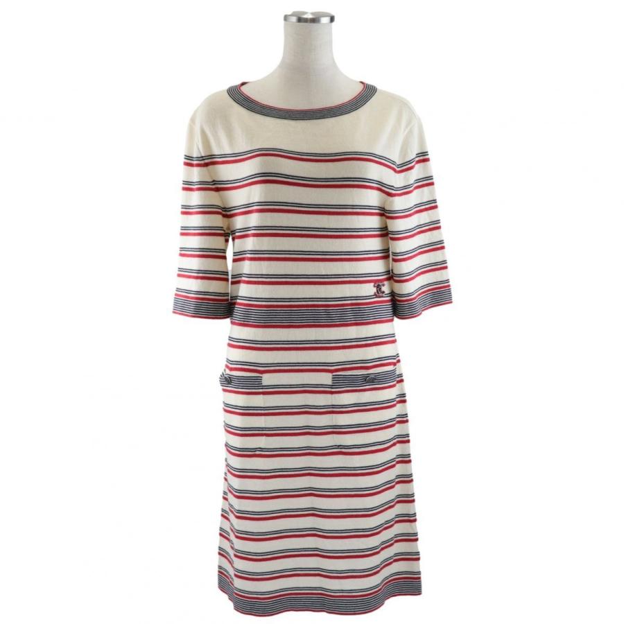 21超人気 P45 シャネル 美品 ボーダーニットワンピース P45 シャネル ボーダーニットワンピース Chanel 五分袖 ツイードココマーク カシミヤ ウール 36 クリーム 赤 レディース ワンピース チュニック