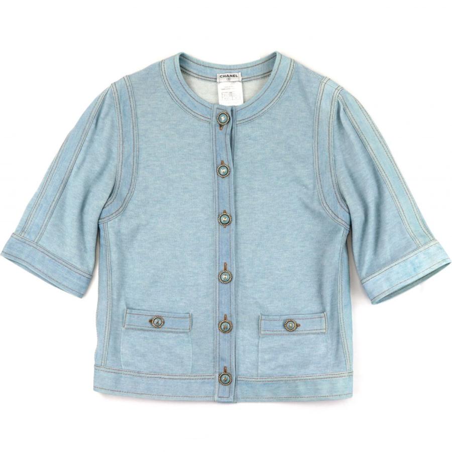 美品 レディースファッション シャネル 07p カシミヤ混 ノーカラーニットジャケット レディース シャネル 水色系 36 デニム切替 カシミヤ混 ココマークボタン Chanel オパールヤフーショッピング店