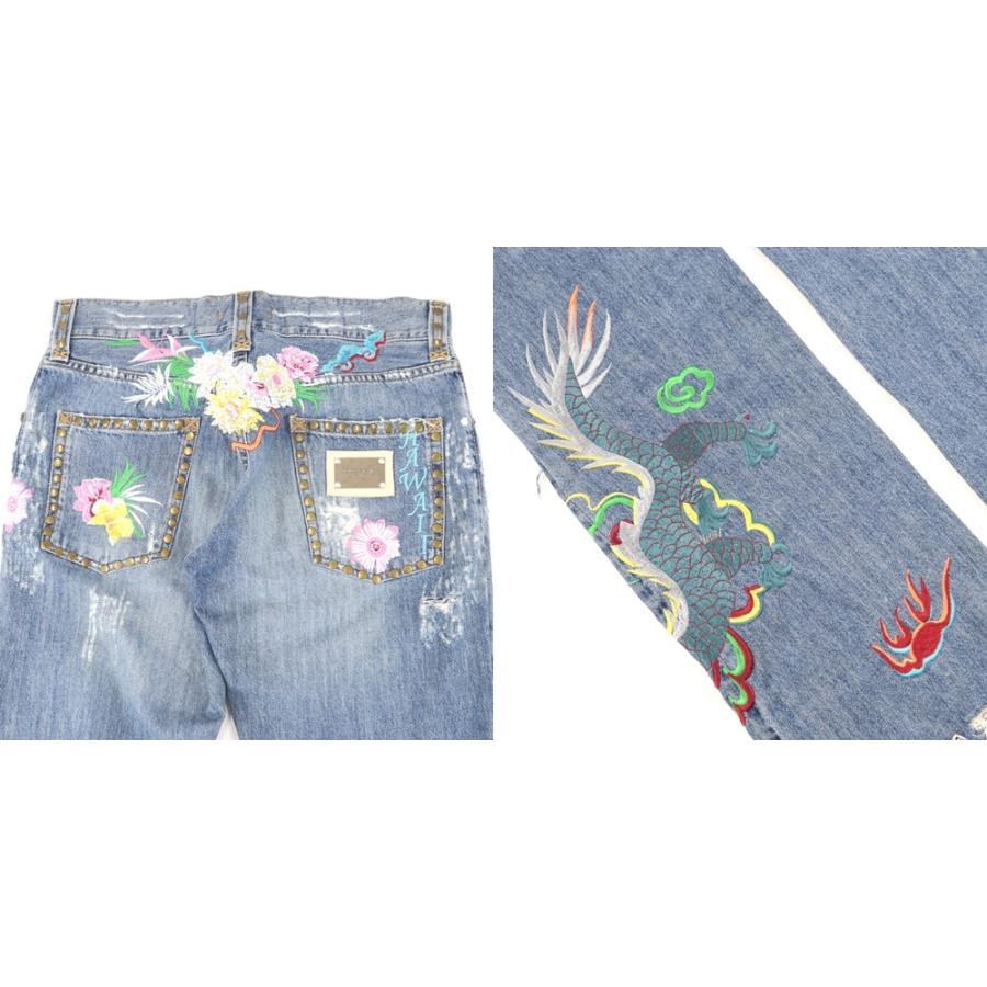ドルチェ&ガッバーナ ハワイ刺繍 ダメージ加工デニムパンツ