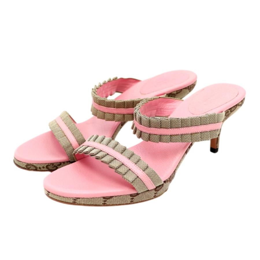ア*ス様 GUCCI ピンク ヒールサンダル GUCCI 新品同様 グッチ GG柄 キャンバス レザーヒールサンダル