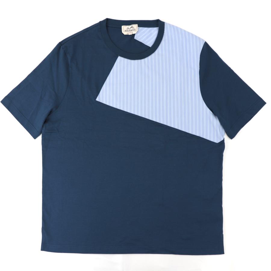 HERMES 美品 エルメス ストライプ切替 半袖Tシャツ メンズ ネイビー 