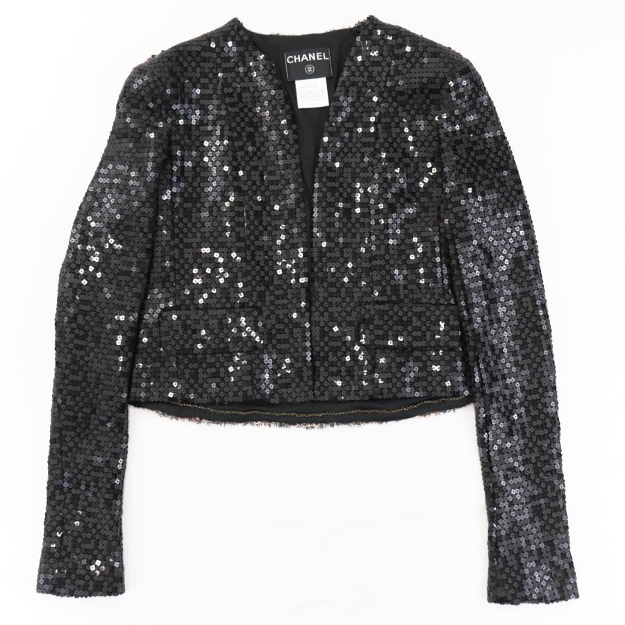 CHANEL スパンコール付き黒ツイードジャケット CHANEL シャネル スーツ ブラック マルチ ウール ツイード