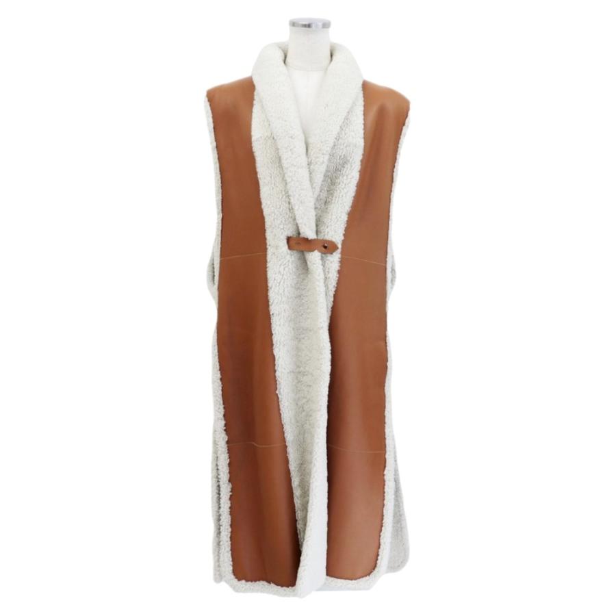 美品 エルメス ムートンロングベスト レディース 茶×アイボリー 38 