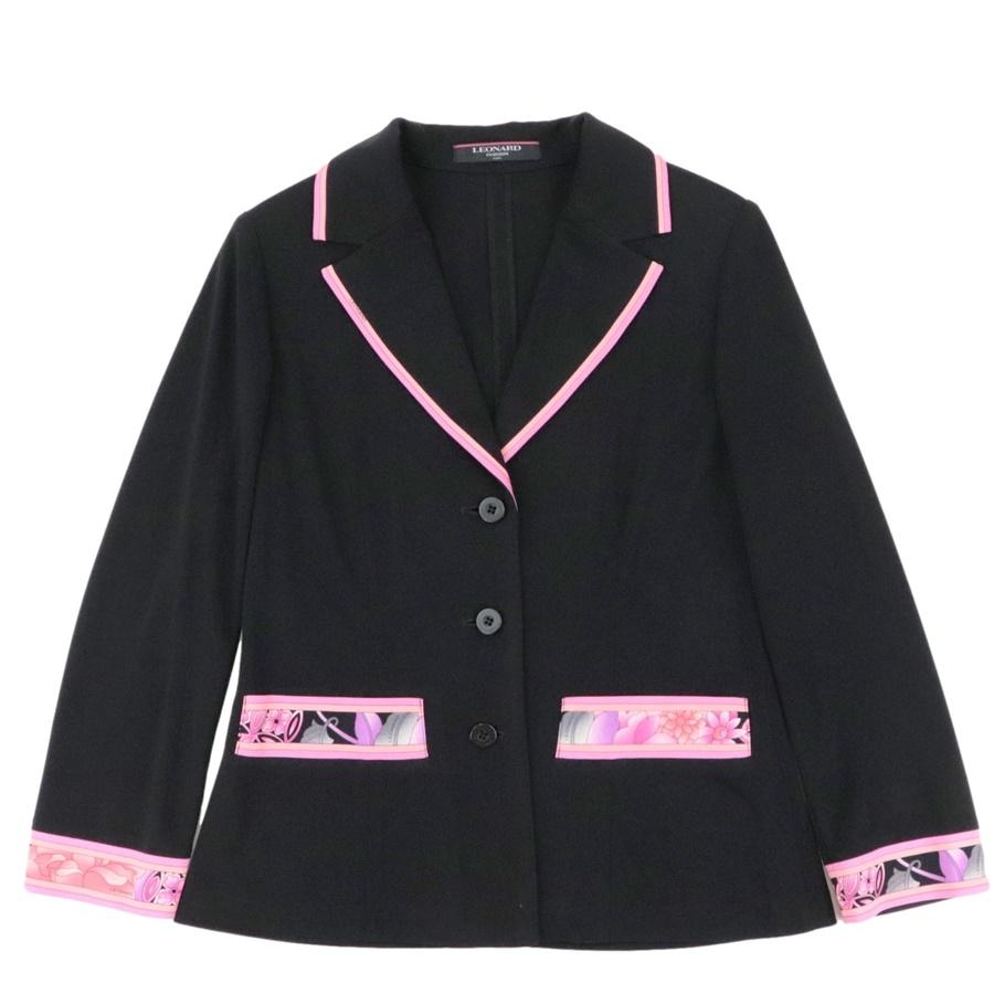 美品 LEONARD レオナール ジャケット 総柄 カンカン トリム 白 黒 M 美品 LEONARD レオナール ジャケット 総柄 カンカン トリム 白