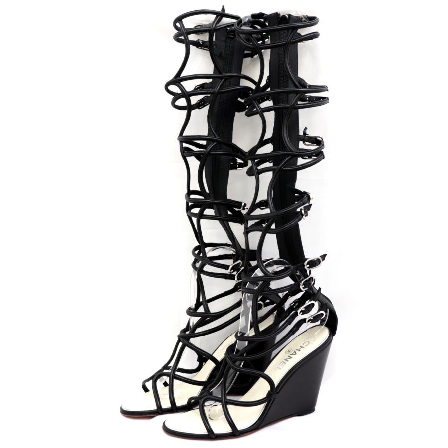 CHANEL シャネル グラディエーター ウェッジヒール レザー ロングブーツ CHANEL シャネル グラディエーター ウェッジヒール レザー