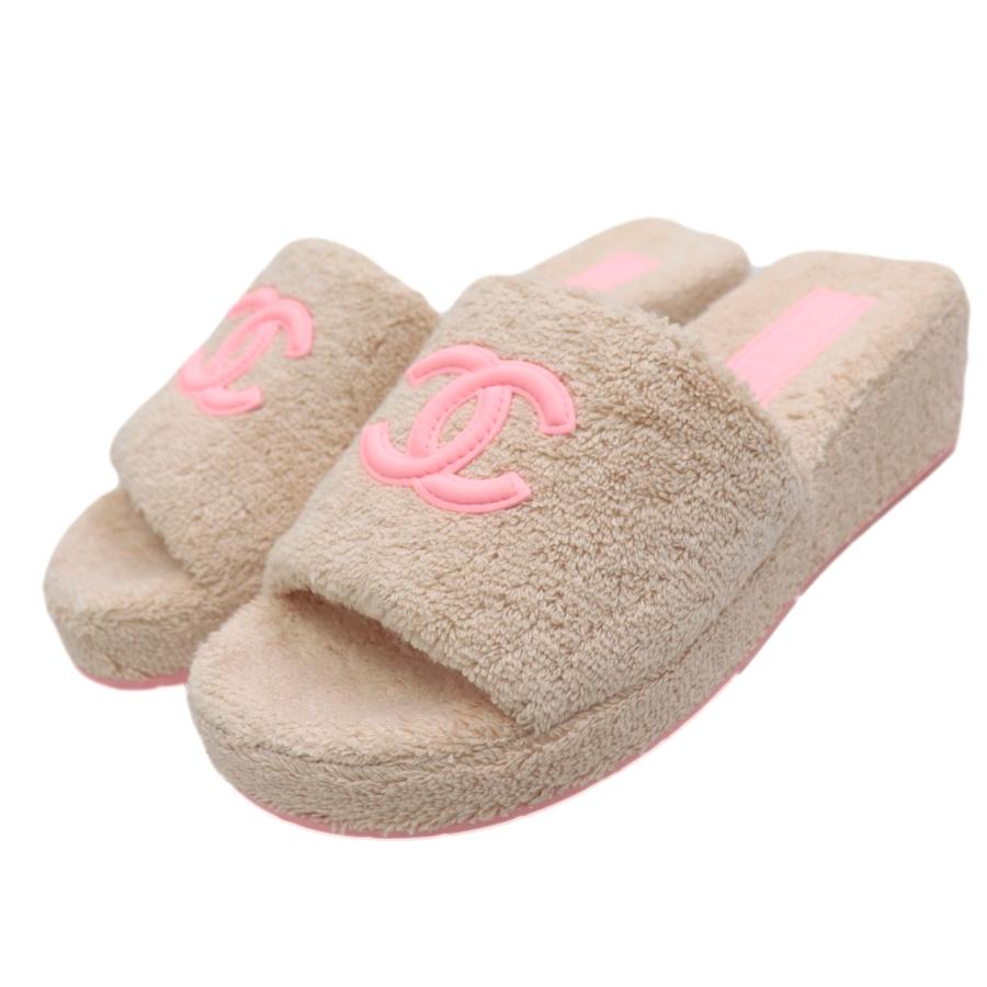 未使用 シャネル 22C パイルスライドサンダル レディース ピンク 38