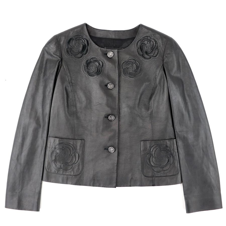 CHANEL 美品 シャネル 10AW カメリア ラムスキン ノーカラージャケット  