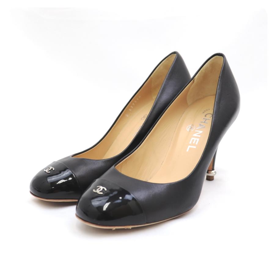 美品 シャネル ココマーク パテントレザー切替 ヒール パンプス