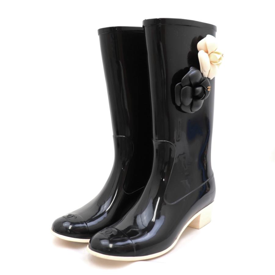 正規　CHANEL　シャネル　カメリア付きレインブーツ　サイズ38 CHANEL シャネル カメリア ラバーレインブーツ レディース 黒