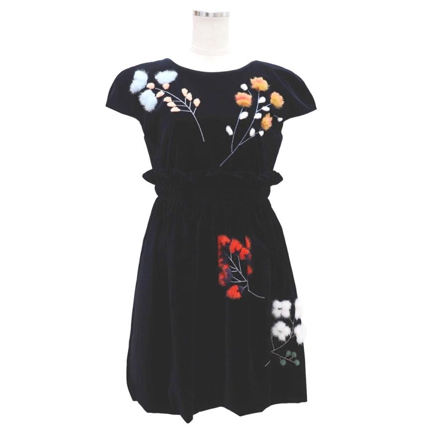 美品 フェンディ ミンクフラワー ベロアウエストギャザーワンピース  