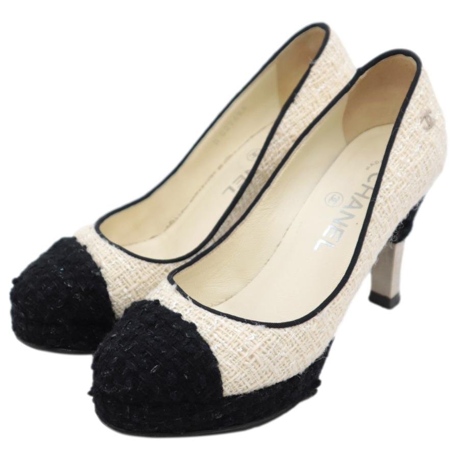 美品 シャネル ツイード バイカラー ヒール パンプス レディース  