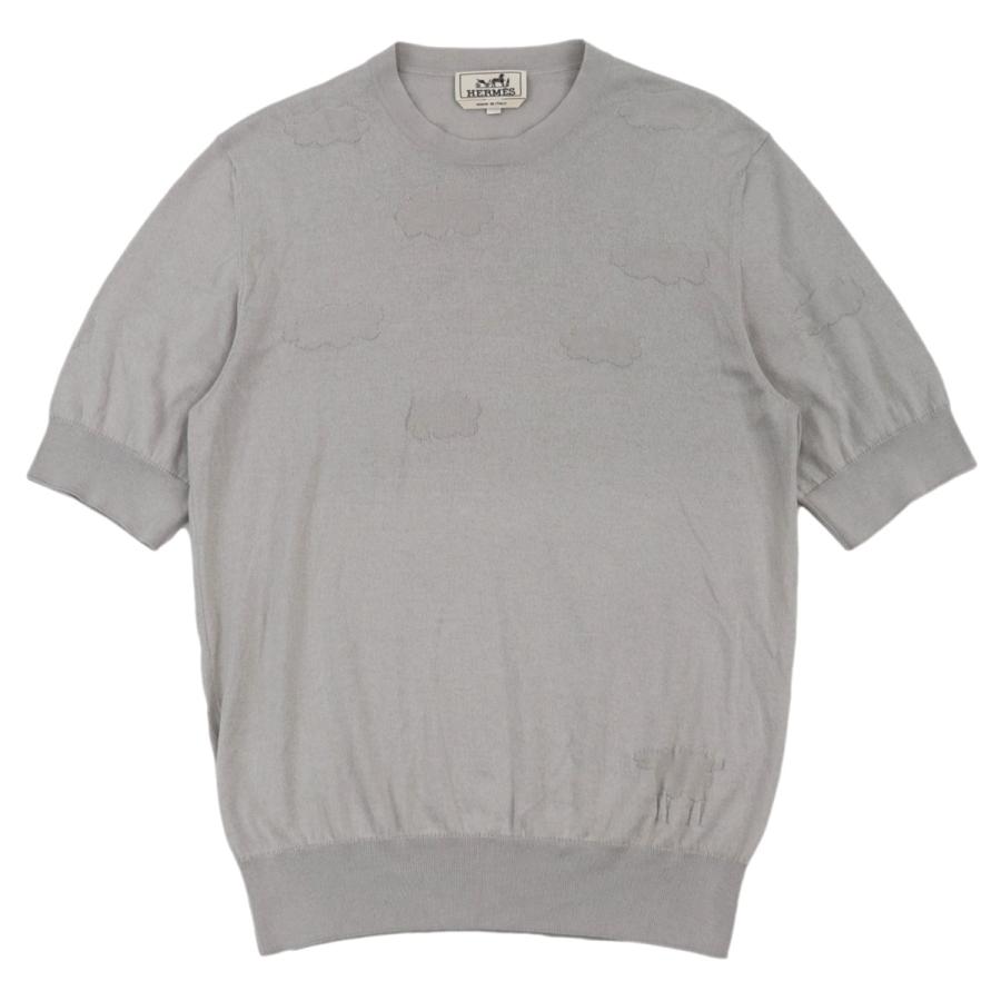 美品 エルメス クラウドパターン 半袖 ニット メンズ グレー系 XS 