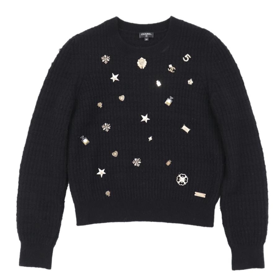 CHANEL シャネル P59735 アイコン ビジュー ニット カシミヤ混 丸首  