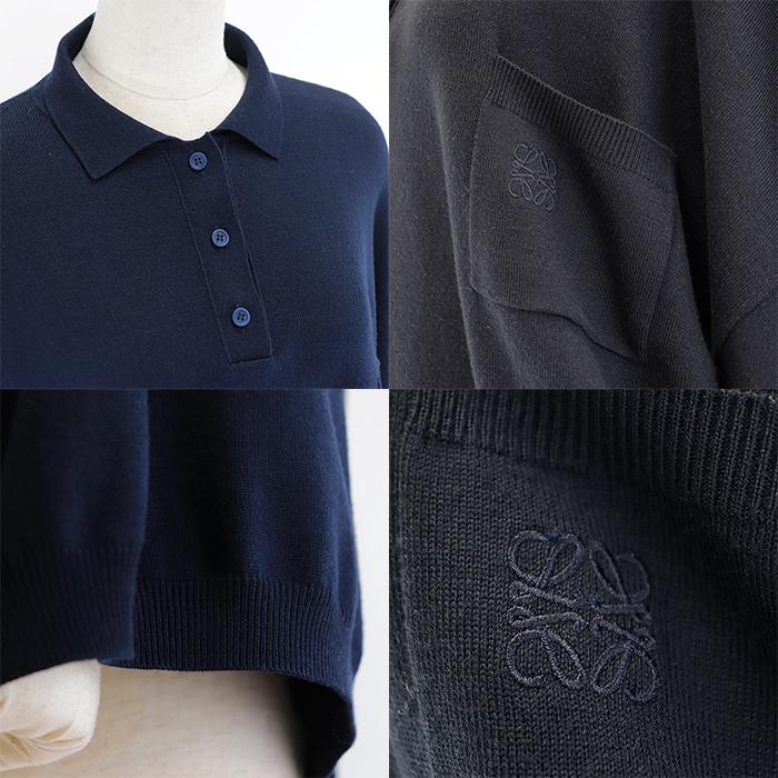 【美品】ロエベ アナグラム 刺繍 ポケット ドロップショルダー オーバーサイズ ニット ポロシャツ ウール レディース XS 紺 伊製 LOEWE LOEWE 【美品】ロエベ アナグラム 刺繍 ポケット ドロップ