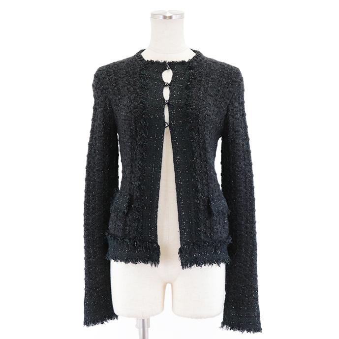 CHANEL ノーカーディガン 黒 フリンジ付き