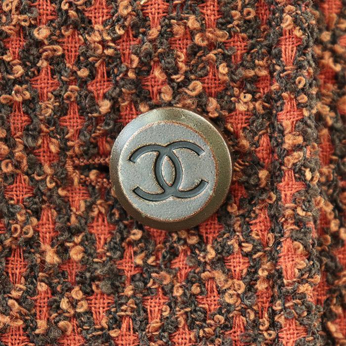【美品】CHANEL シャネル ヴィンテージ ジャケット 98A P11565 ツイード テーラード 4ポケット COCOマーク ボタン レディース 42 橙 茶の画像