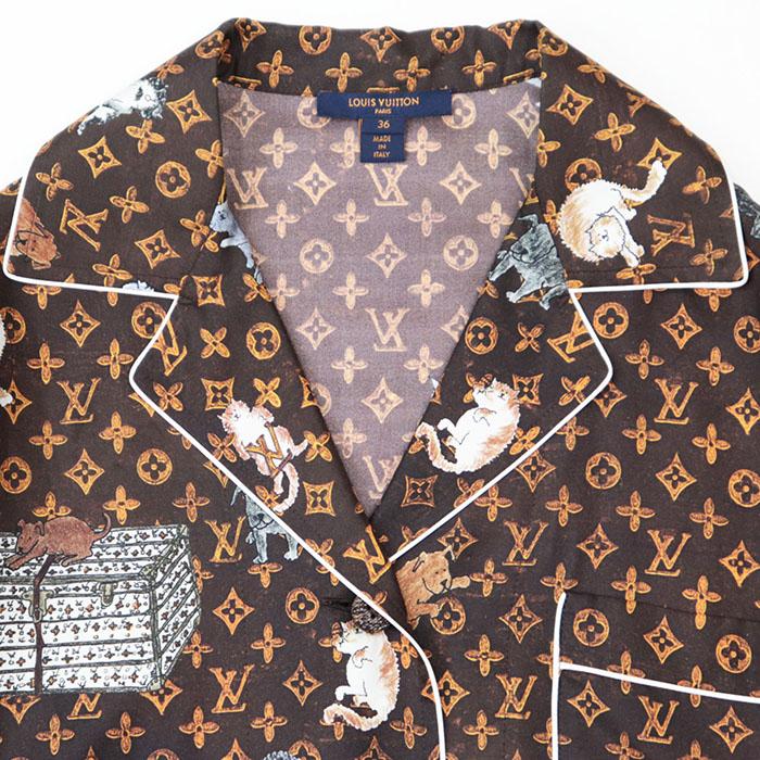 LOUIS VUITTON - 【美品】LOUIS VUITTON ルイ・ヴィトン シャツ パジャマ 2019SS キャットグラム LV モノグラム ボタン 猫 総柄 オープンカラー 長袖 シルク100% トップス レディース サイズ 36 ブラウン 茶色 イタリア製 RW191A LLP FGBL74 LOUIS VUITTON 【美品】LOUIS ルイ・ヴィトン シャツ パジャマ