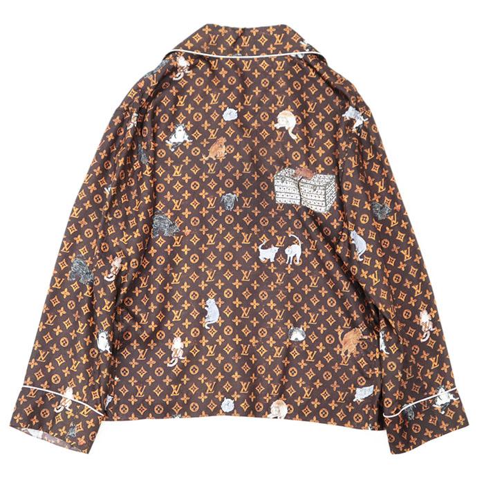 LOUIS VUITTON - 【美品】LOUIS VUITTON ルイ・ヴィトン シャツ パジャマ 2019SS キャットグラム LV モノグラム ボタン 猫 総柄 オープンカラー 長袖 シルク100% トップス レディース サイズ 36 ブラウン 茶色 イタリア製 RW191A LLP FGBL74 LOUIS VUITTON 【美品】LOUIS ルイ・ヴィトン シャツ パジャマ