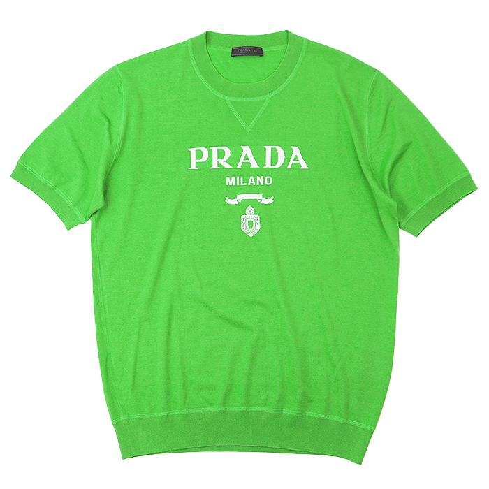 【極美品】PRADA プラダ セーター 2021年製 ハイゲージ ニット ロゴ シグネチャー モチーフ ジャガード クルーネック ハーフスリーブ 半袖 ウール100％ トップス メンズ サイズ 50 グリーン ホワイト 緑 白 イタリア製 UMB272 S212 1075 PRADA（プラダ） 【極美品】PRADA セーター 2021年製 ニット ロゴ