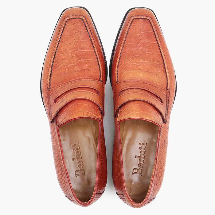 【美品】Berluti ベルルッティ ローファー クロコ エンボス 型押し レザー シューズ 革靴 カジュアル メンズ サイズ 5 1/2 オレンジ 橙色 美品】Berluti ベルルッティ コインローファー クロコ エンボス 型押し