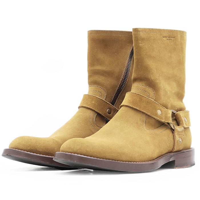 【美品】Saint Laurent Paris サン ローラン パリ ブーツ スウェード ワイアット ハーネス ロゴ ストラップ サイドジップ メンズ 41 茶色系 | 