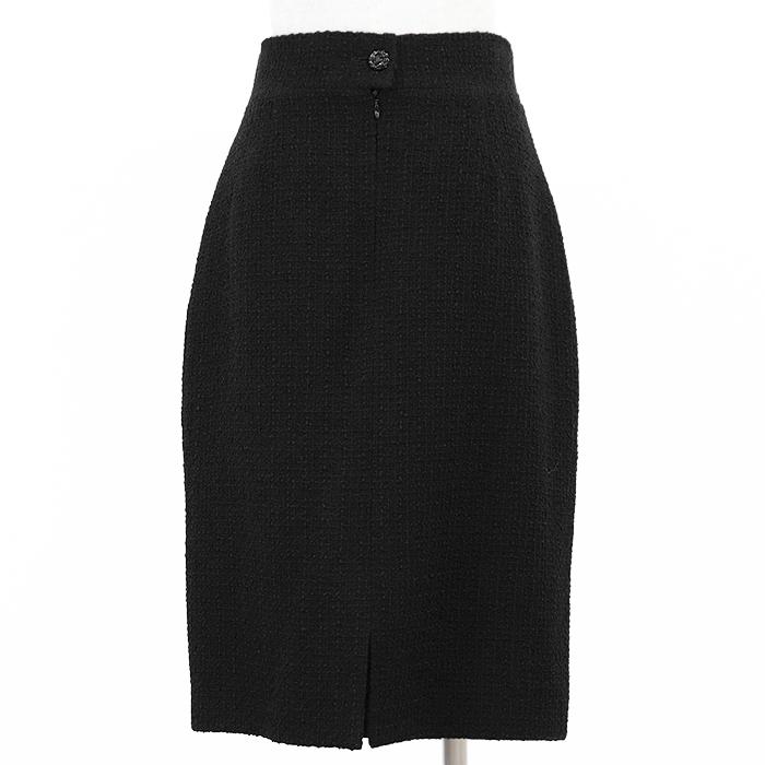 【極美品】CHANEL シャネル 09C P34889 スカート ツイード ウール COCOマークボタン バックファスナー＆スリット レディース 38 黒 仏製