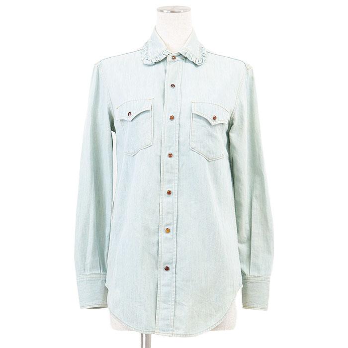 【SALE】SAINT LAURENT PARIS サンローランパリ ウエスタンシャツ フリル ヘビーシャンブレー コットン100% レディース XS ミントブルー | 