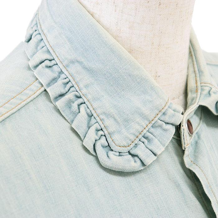 【SALE】SAINT LAURENT PARIS サンローランパリ ウエスタンシャツ フリル ヘビーシャンブレー コットン100% レディース XS ミントブルー |  | 02