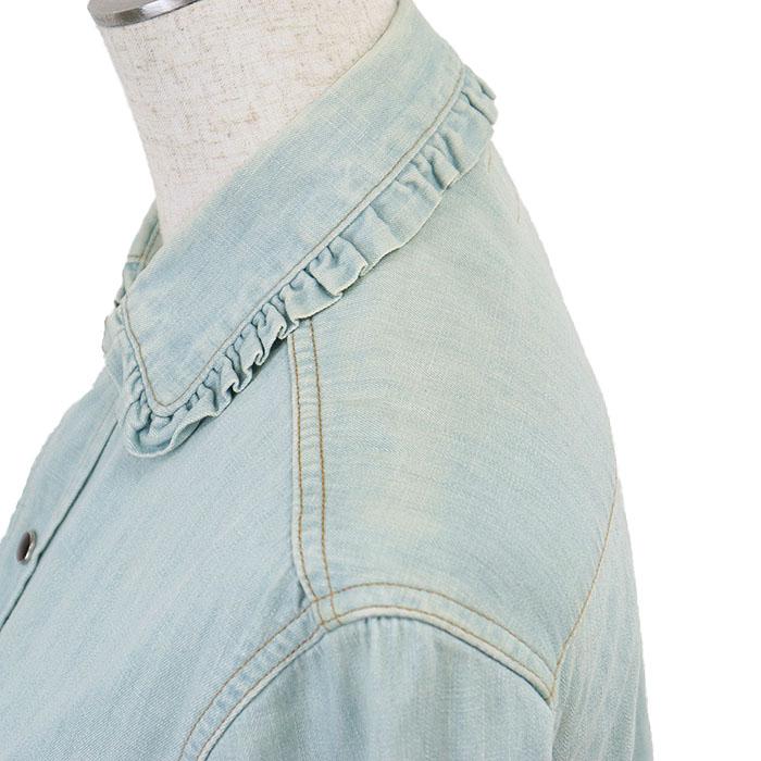 【SALE】SAINT LAURENT PARIS サンローランパリ ウエスタンシャツ フリル ヘビーシャンブレー コットン100% レディース XS ミントブルー |  | 04