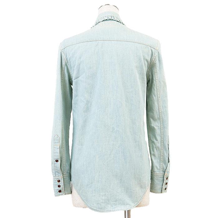 【SALE】SAINT LAURENT PARIS サンローランパリ ウエスタンシャツ フリル ヘビーシャンブレー コットン100% レディース XS ミントブルー |  | 05