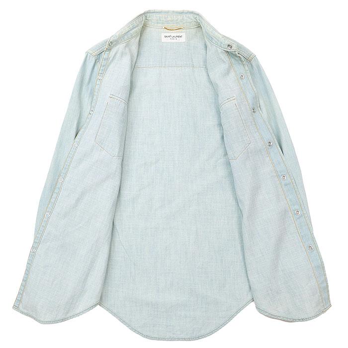 【SALE】SAINT LAURENT PARIS サンローランパリ ウエスタンシャツ フリル ヘビーシャンブレー コットン100% レディース XS ミントブルー |  | 07