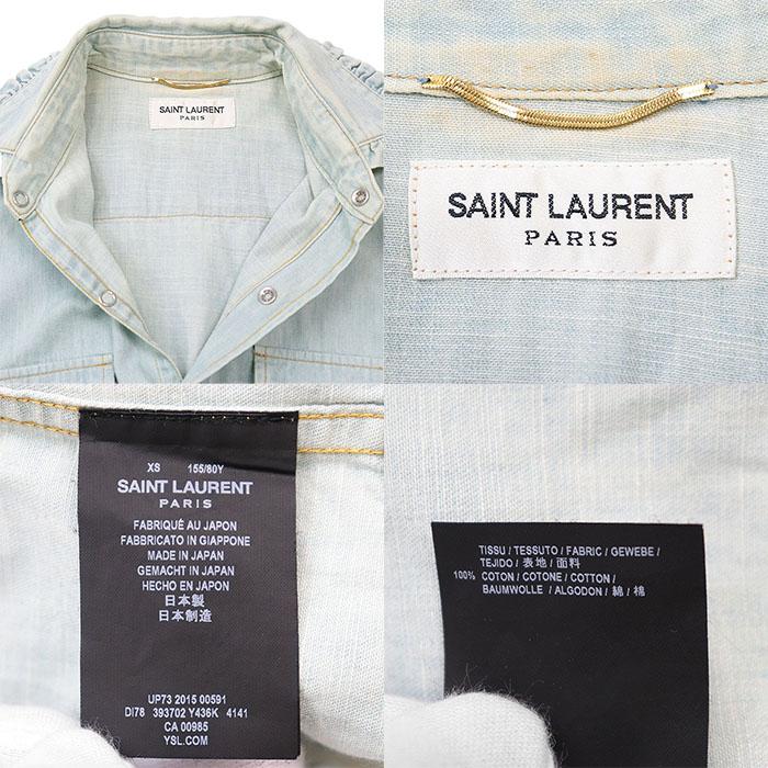 【SALE】SAINT LAURENT PARIS サンローランパリ ウエスタンシャツ フリル ヘビーシャンブレー コットン100% レディース XS ミントブルー |  | 09