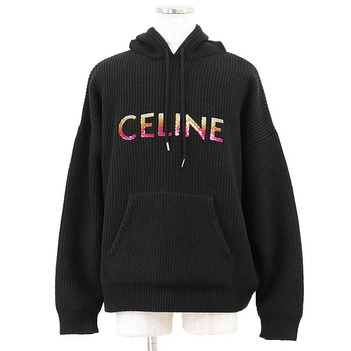 【新品同様】CELINE PARIS セリーヌ パリ パーカー ニット ロゴ スパンコール グラデーション ウール100％ ドローコード ローゲージ プルオーバー フーディー ロングスリーブ 長袖 トップス タグ付属 メンズ サイズ S ブラック 黒 イタリア製 2A10X666Q【中古】 CELINE（セリーヌ） 【未使用】CELINE ニット パーカー ロゴ